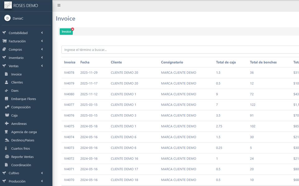 Pantalla de Syra con el listado de invoices: cliente, consignatario, cajas, bonches y total de factura.